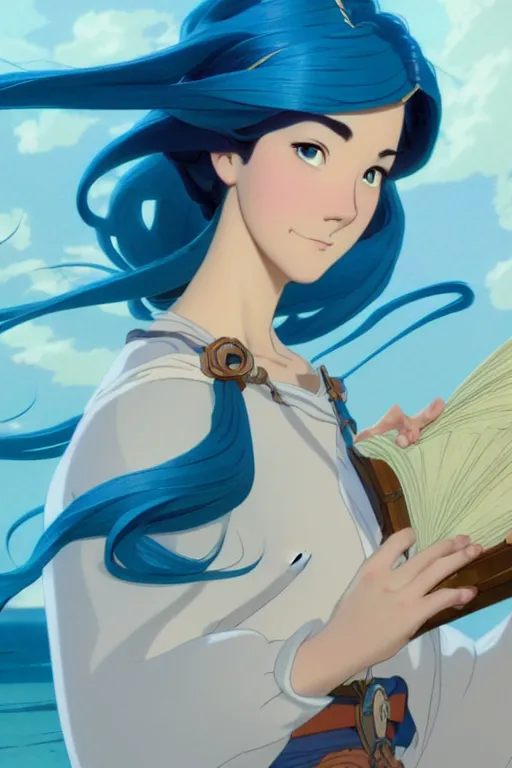 Prompt: animation still frame of an attractive female guardian of the sea ( medium blue hair ) in an awesome pose, high angle closeup portrait, blurry background of the library, disney, pixar, bloom, medium shot, dramatic lighting, in the style of studio ghibli, j. c. leyendecker, greg rutkowski, artgerm