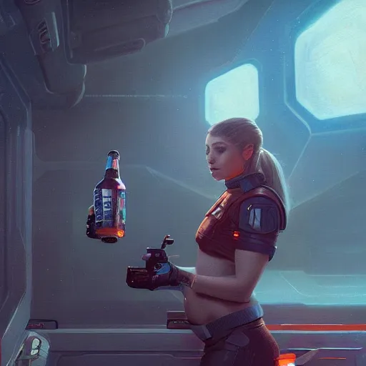 Image similar to a space soldier woman drinking beer from a space station bar, Matte painting , detailed painting, greg rutkowski