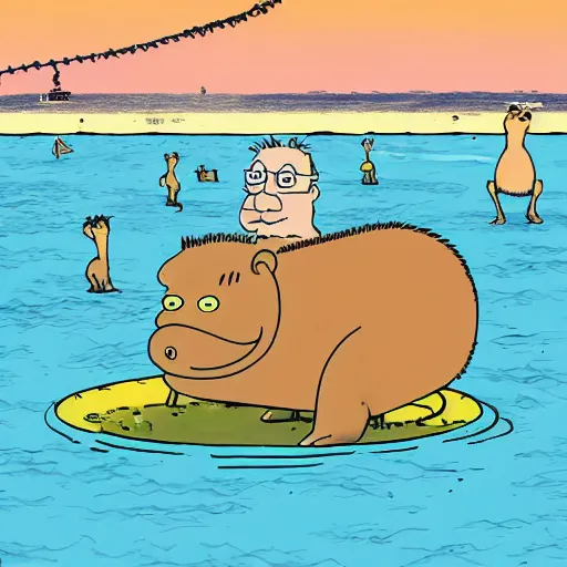 Image similar to capybaras having fun at the beach by bored ape yacht club and matt groening and bojack horseman