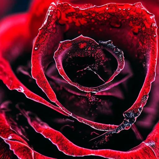 Image similar to award - winning macro of a beautiful black rose made of glowing molten magma