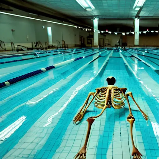 Prompt: a skeleton in a public pool