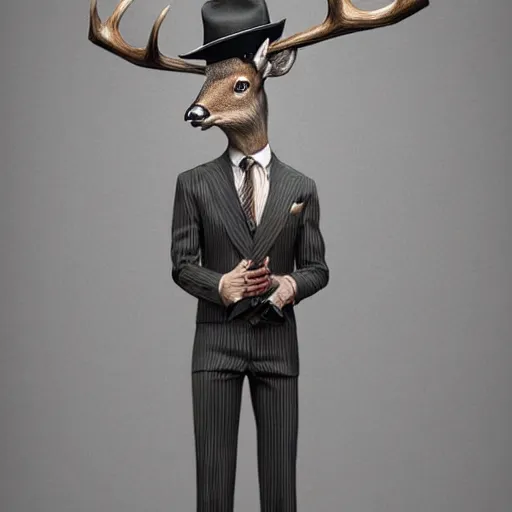 Image similar to a upper body portrait of a deer lord in a pinstriped suit and pants wearing a fedora by artgerm and wlop, intricate detail, digital art, photorealistic, trending on artstation