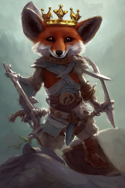 Image similar to cute little anthropomorphic foxy knight wearing a cape and a crown, tiny, small, miniature fox, baby animal, short, pale blue armor, cute and adorable, pretty, beautiful, DnD character art portrait, matte fantasy painting, DeviantArt Artstation, by Jason Felix by Steve Argyle by Tyler Jacobson by Peter Mohrbacher, cinematic lighting