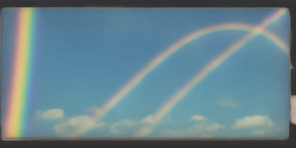 Prompt: polaroid photo of a single rainbow in the sky, clouds in the background, light blue sky, slight color bleed from the rainbow