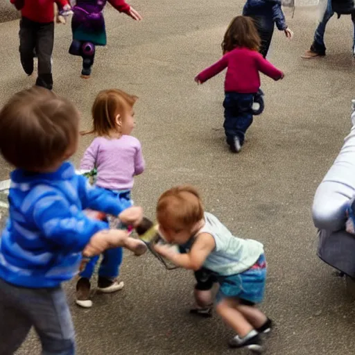 Prompt: a swarm of toddlers are beating an adult to death