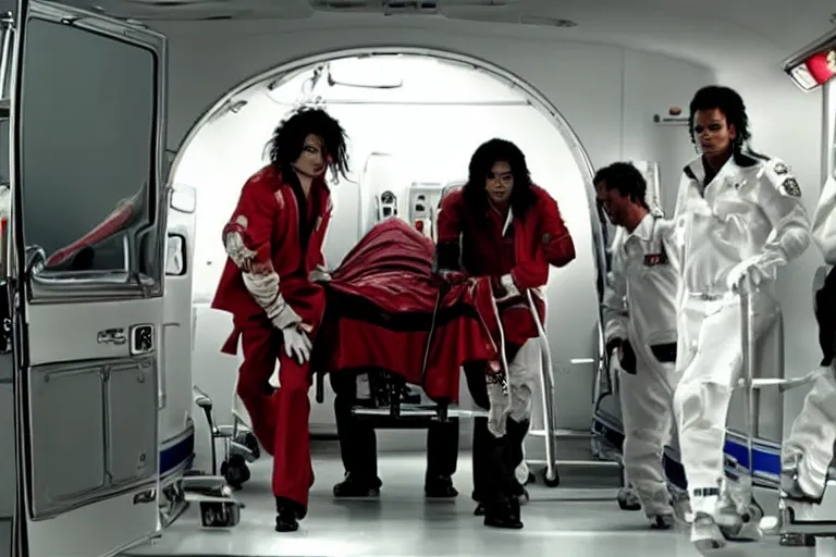 Image similar to Michael Jackson 2009 in a stretcher leading to ambulance ultra realistic, 4K, movie still, UHD, sharp, cinematic