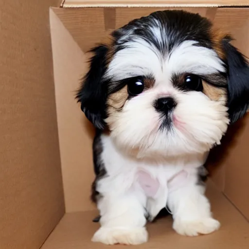 Prompt: 1 0 cute shih tzu puppy in a cardboard box