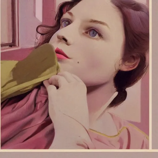 Image similar to a lot of patterns morphing in a beautiful girls face, film still by wes anderson, depicted by balthus, limited color palette, very intricate, art nouveau, highly detailed, lights by hopper, soft pastel colors, minimalist