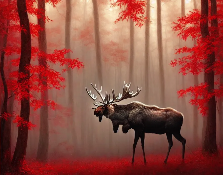 Image similar to a beautiful and very detailed painting of great ethereal moose in the bright red maple forest with a silver antlers, dynamic lighting, trending on artstation, path traced, highly detailed, high quality, digital art, hyper realistic, octane render, sharp focus, art by artgerm and greg rutkowski and alphonse mucha, 8 k