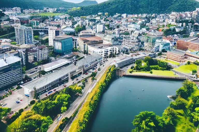 Image similar to bird's eye view photography of a small city. town hall, central farm, monorail station, beach and harbor. hills, woods and lake to the north.