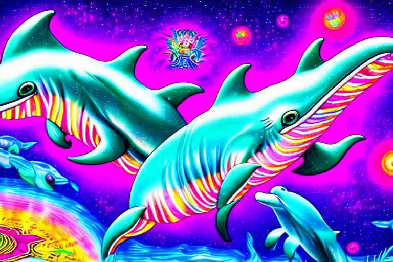 Prompt: lisa frank illustration of rebulon the ancient dolphin demon, by lisa frank and giger, masterpiece concept art, 8 k, intricate detail, cinematic lighting, epic pose, bright colors