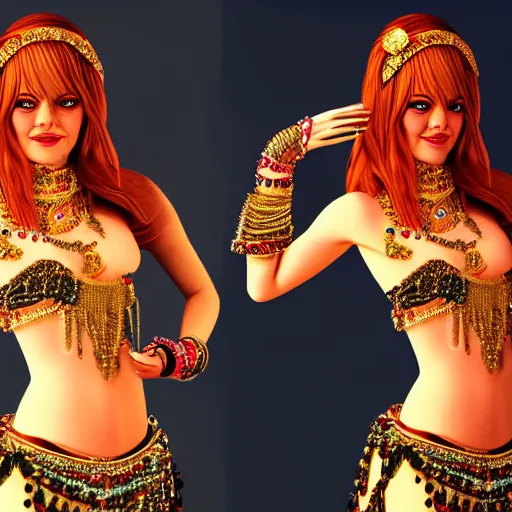 Image similar to a portrait of emma stone dressed as a belly dancer, arabian night, high quality, fully detailed, 4 k, in focus face with fine details, realistic hand details and anatomy, inspired by belly dancer shakira