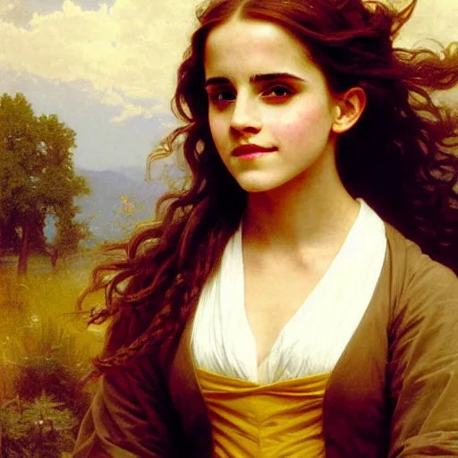 Image similar to Painting of Emma Watson as Hermione Granger. Wearing Hogwarts!!! robes!!!. Smiling. Happy. Cheerful. Art by william adolphe bouguereau. During golden hour. Extremely detailed. Beautiful. 4K. Award winning.