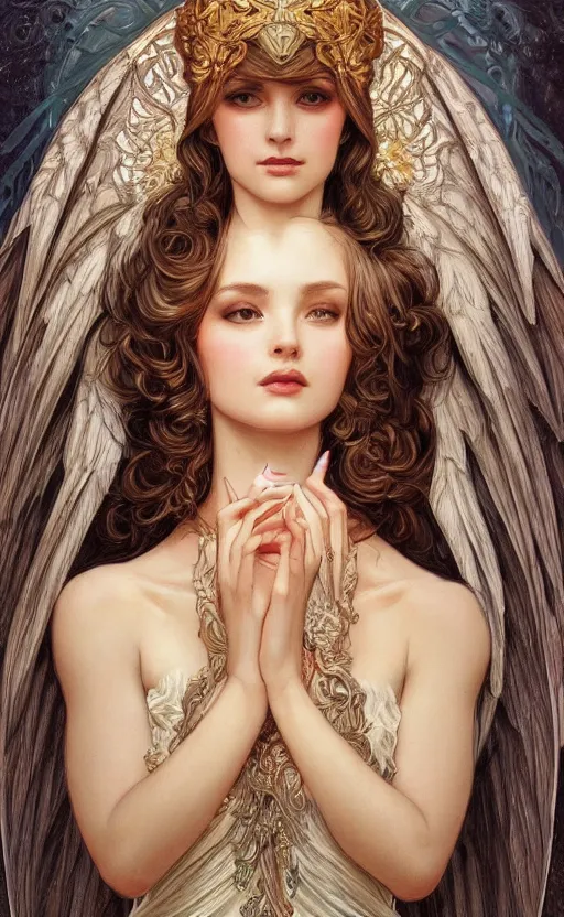 Image similar to a photograpic portrait of a pretty woman, angel, fantasy, intricate, elegant, highly detailed, digital painting, artstation, centered, concept art, smooth, sharp focus, arc, illustration, art by artgerm and h r giger and alphonse mucha