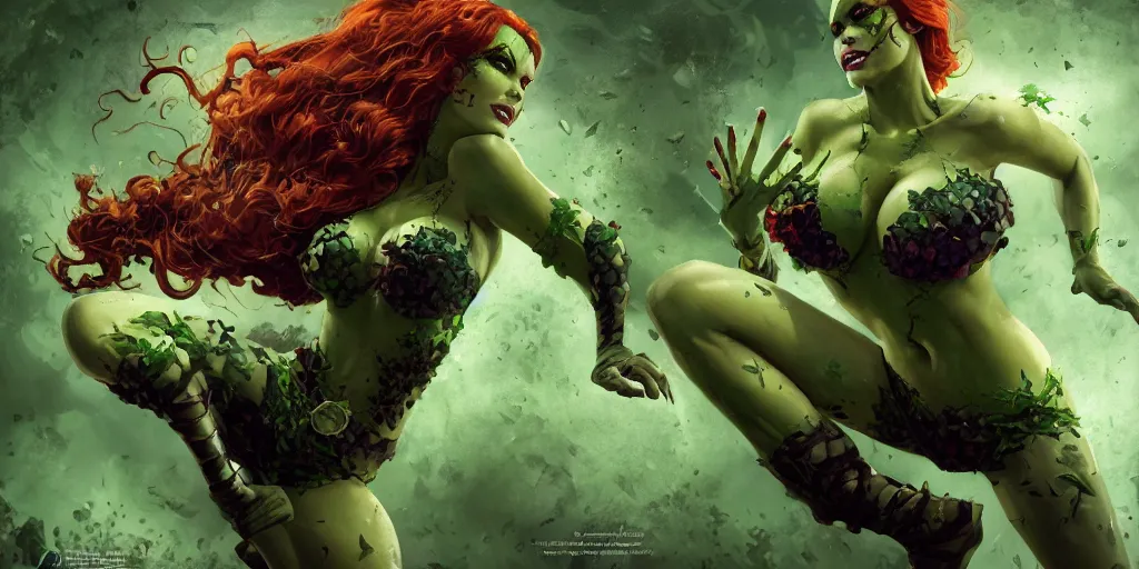 Image similar to poison ivy DC comics battle fighting killer croc DC comics, medium shot, action and battle pose, illustration, symmetrical face and body, realistic eyes, artstation, cinematic lighting, hyperdetailed, detailed realistic symmetrical eyes, cgsociety, 8k, high resolution, Charlie Bowater, Tom Bagshaw, Norman Rockwell, insanely detailed and intricate, sewer background