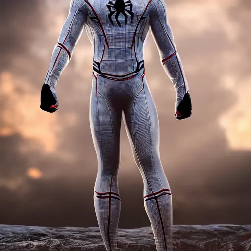 Image similar to white spider - man suit with black web lining, cinematic, volumetric lighting, realistic, hyperdetailed, photorealistic, photograph