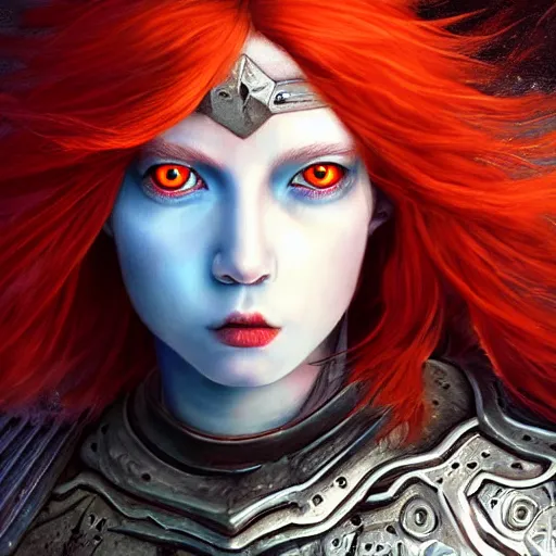 Image similar to a gorgeously defined character with long red hair and immensly glowing eyes, wearing armor with blue baggy pants, surrealism art, portrait!!, intricately detailed, 4 k quality