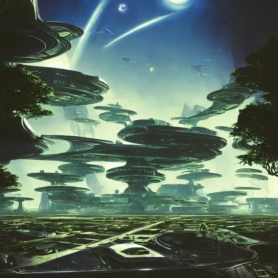 Image similar to beautiful matte painting album cover art of green gardens with roads on a futuristic sci-fi space station, cinematic angle, cinematic lighting, blue sky, by Syd Mead, John Harris, Federico Pelat