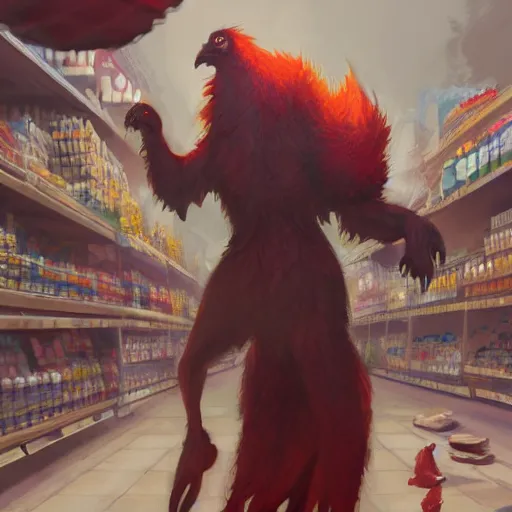 Image similar to digital painting of a super market grocery shopping elegant but deadly chicogriff, griffin chicogriff hybrid monster, by Greg Rutkowski, magic the gathering concept art, trending on artstation, 4k resolution, ((in a super market Costco))