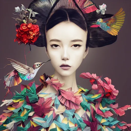 Prompt: 3 / 4 view of a beautiful girl wearing an origami dress, eye - level medium shot, fine floral ornaments in cloth and hair, hummingbirds, elegant, by eiko ishioka, givenchy, nobuyoshi araki, by peter mohrbacher, centered, fresh colors, origami, fashion, detailed illustration, vogue, japanese, reallusion character creator