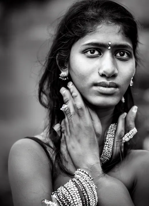 Image similar to color portrait Mid-shot of an beautiful 20-year-old Indian woman, street portrait in the style of Mario Testino award winning