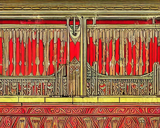 Image similar to symmetrical mural painting from the early 1 9 0 0 s in the style of art nouveau, red curtains, art nouveau design elements, art nouveau ornament, opera house architectural elements, mucha, masonic symbols, masonic lodge, joseph maria olbrich, simple, iconic, masonic art, masterpiece