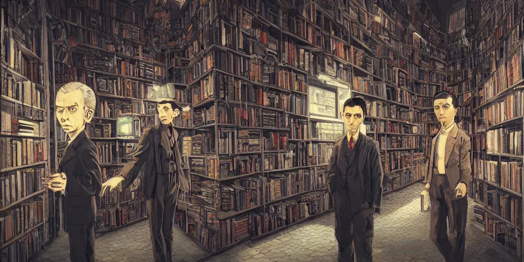 Image similar to cinematic shot of the portrait of an jorge luis borges and an old franz kafka as owners of a bookstore full of books, dystopian future, neon lights, sci - fi, night lights, haze, concept art, intricate, in the style of katsuhiro otomo, akira, unreal engine