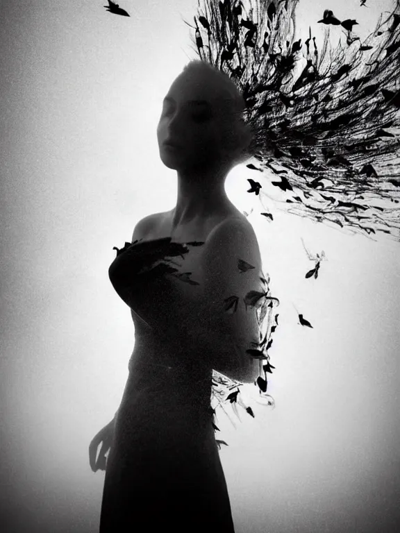 Image similar to portrait of iconic beautiful woman in sophisticated black dress keeping in hands white birds that flying apart turning to smoke and fire and dust. 35mm double-exposure photo, thick fog, daylight, deep shadows, depth of field, cinematic lightning, wide angel, eerie atmosphere, motion blur, HD, smooth and very detailed quality, masterpiece, volumetric lightning, chromatic aberration, Richard Avedon, style of Ade Santora, Tatiana Gorilovsky, cinematic composition, occult, german expressionism, masterpiece, intricate detailed, deep rich palette, wide angel shot