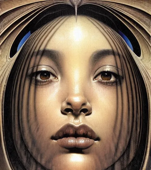 Image similar to detailed realistic beautiful young sade adu face portrait by jean delville, gustave dore and marco mazzoni, art nouveau, symbolist, visionary, baroque, intricate fractal, biomechanical. horizontal symmetry by zdzisław beksinski, iris van herpen, raymond swanland and alphonse mucha. highly detailed, hyper - real, beautiful