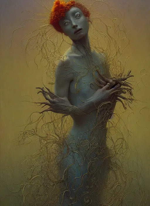 Prompt: a beautiful amazing oil painting of flora addict by zdzisław beksinski, jean delville, edmund dulac, jean giraud, ellen jewett, trending on artstation, ray tracing, featured on behance, vision of chaos, octane render
