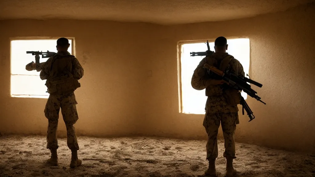 Image similar to film still of a marine soldier with a sniper rifle on his back standing in a dusty room with traditional colorful carpets on the wall in front of a sandy window. moody, grainy, 4 k, high detail, aesthetic, good composition, overdetailed, room cluttered with items, anatomically correct, directed by quentin tarantino,