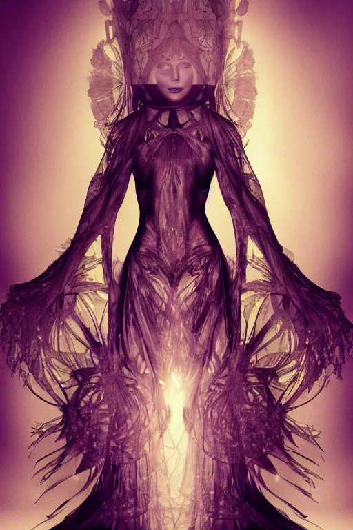 Prompt: a realistic dark photo of a beautiful ancient alien woman goddess kate moss standing in iris van herpen dress jewelery and fractals in style of alphonse mucha art nuvo dmt trending on artstation made in unreal engine 4