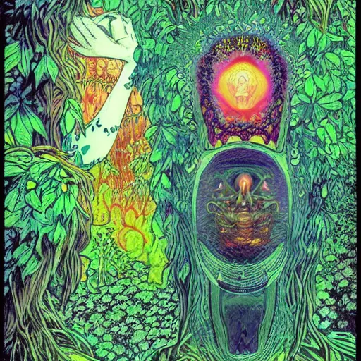 Image similar to A beautiful composition of a psychedelic glowing spirit animal psychonaut floating above a hedge maze, DMT, rich details full of texture, realistic eyes, artwork by Satoshi Kon and Yoshitaka Amano and Moebius