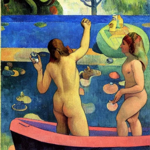 Prompt: numerical evergrowing technological New York hexagon swift puddle portico tub , by Paul Gauguin and Eugene Delacroix and Valentine Hugo , oil on canvas , tarot card , detailed painting