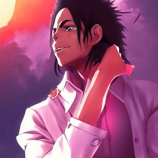 Image similar to michael jackson as an anime protagonist, beautiful anime style, portrait, close - up, cinematic rim lighting, dramatic pose, beautiful sunset, professional, highly detailed, clear, sharp, smug expression, trending on artstation