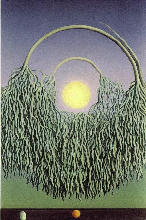 Prompt: weeping willow with an entrance to the entire cosmos by rene magritte and salvadore dali