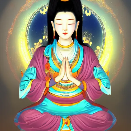 Image similar to beautiful contented k-pop female bodhisattva, praying meditating, digital art trending on artstation