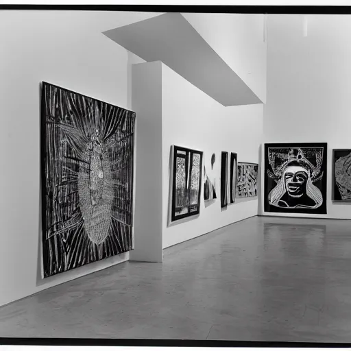 Image similar to A black and white photography printed in offset lithography of an exhibition space with works of Sun Ra, Marcel Duchamp and tropical plants, 60s, Modern Art