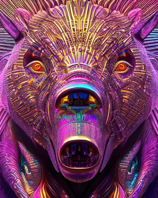 Prompt: highly detailed surreal vfx portrait of a metallic chromatic geometric tribal bear, behance, stephen bliss, unreal engine, greg rutkowski, loish, rhads, beeple, makoto shinkai and lois van baarle, ilya kuvshinov, rossdraws, tom bagshaw, alphonse mucha, global illumination, detailed and intricate environment