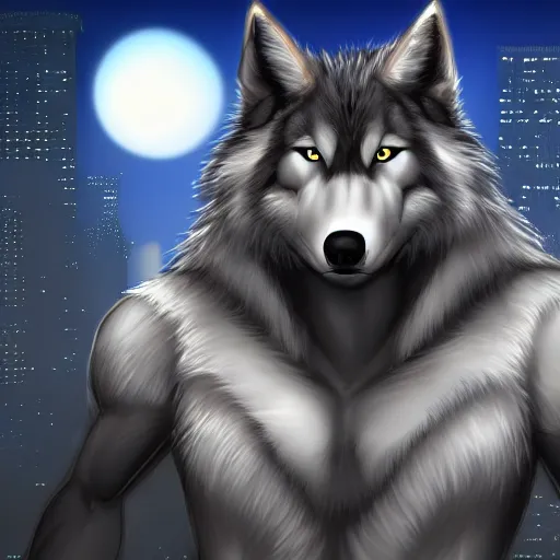 Image similar to muscular anthro wolf, anime, casualwear, grey fur, city night background, field of depth, bokeh, award-winning digital art