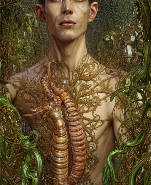 Image similar to intricate ornate opulent transparent clear see - through portrait of a terrifying beautiful skinny male alien centipede, mottled coloring, adorable, childlike, overgrown jungle environment, ultra realistic, concept art, art nouveau, photorealistic, octane render, 8 k, unreal engine. art by christopher marley and artgerm and greg rutkowski and alphonse mucha