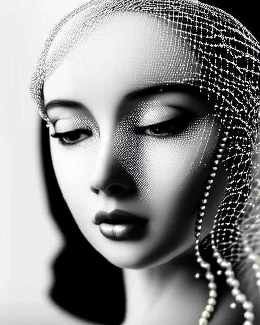 Image similar to black and white dreamy young beautiful veiled female artificial intelligence, realistic pearl ornament in the face, long hair are intricate with highly detailed realistic pearls, cinematic, rim light, bokeh, photo - realistic, elegant, high detail, 8 k, masterpiece, photo taken in 1 9 3 0