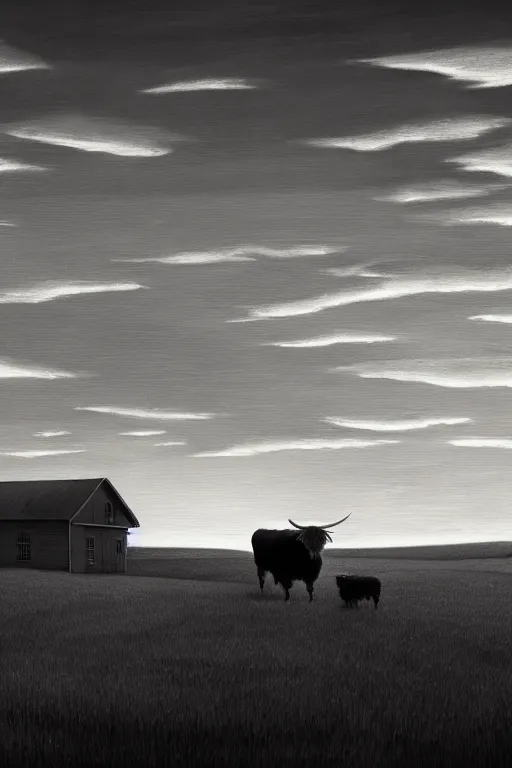 Image similar to peaceful farmland and highland cattle, in the style of edward hopper, solarpunk, atmospheric, clean, intricate and epic composition, gray by caravaggio, insanely quality, highly detailed, masterpiece, white light, artstation, 4 k