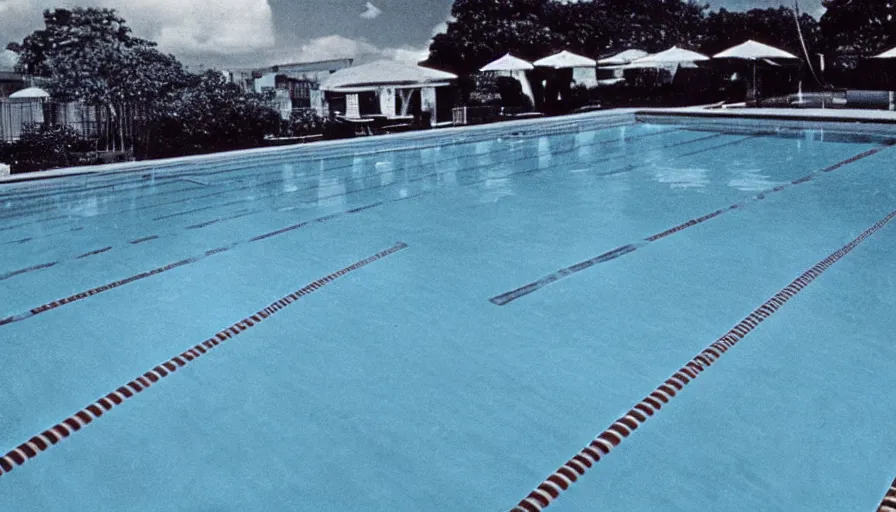 Prompt: 1 9 6 0 s movie still of empty blue tiles swimmingpool, low quality, liminal space style