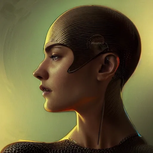 Image similar to Ava from Ex Machina (2014), intricate, headshot, highly detailed, digital painting, artstation, concept art, sharp focus, cinematic lighting, illustration, art by artgerm and greg rutkowski, alphonse mucha, cgsociety