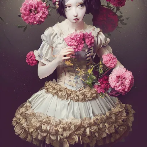 Image similar to 8k, octane render, realism, tonalism, renaissance, rococo, baroque, portrait of a young lady wearing long harajuku manga dress with flowers and skulls, background chaotic gold leaf flowers