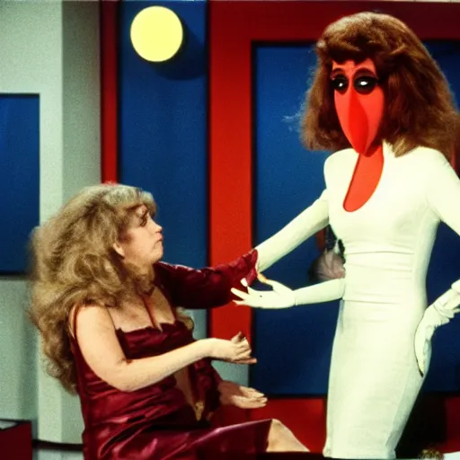 Image similar to 1983 crying woman on a talk show show with a long prosthetic snout nose, big nostrils, wearing a dress, 1983 French film color archival footage color film 16mm Fellini Almodovar John Waters Russ Meyer movie still