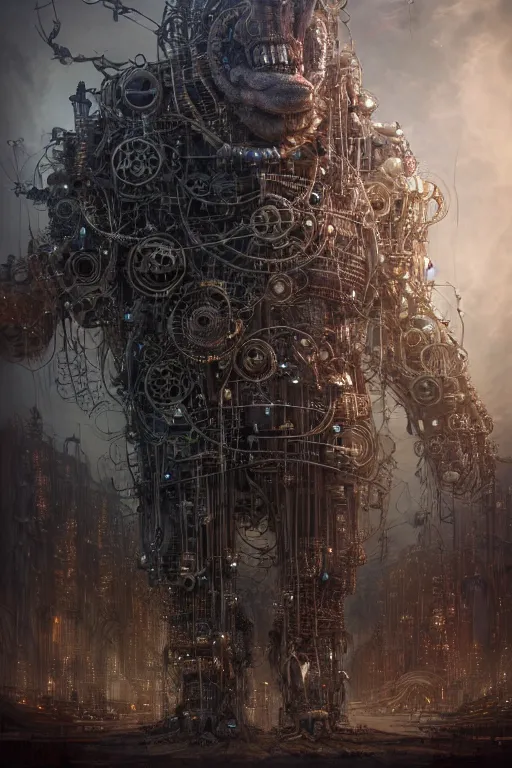 Image similar to A photorealistic 3d render of a robot monster cyborg made of circuits wide view shot by ellen jewett , tomasz alen kopera and Justin Gerard symmetrical features, ominous, magical realism, texture, intricate, ornate, royally decorated, android format, windows, many doors, roofs, complete house , whirling smoke, embers, red adornments, red torn fabric, radiant colors, fantasy, trending on artstation, volumetric lighting, micro details, 3d sculpture, ray tracing, 8k