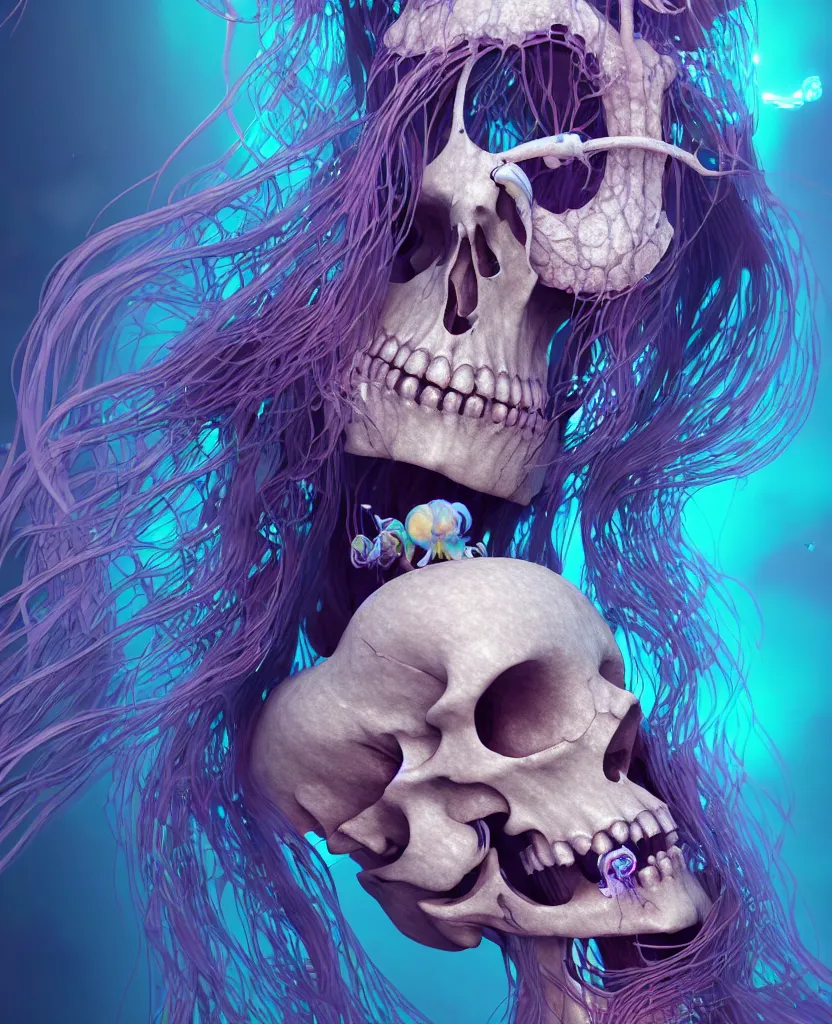 Image similar to goddess close-up portrait human skeleton, ram skull, jellyfish, orchid, betta fish, bioluminiscent, intricate artwork by Tooth Wu and wlop and beeple. octane render, trending on artstation, greg rutkowski very coherent symmetrical artwork. cinematic, hyper realism, high detail, octane render, 8k