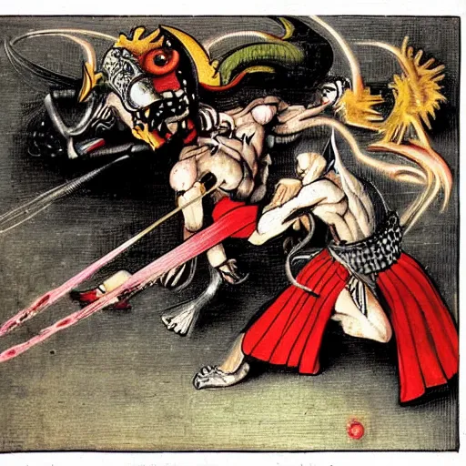 Prompt: Paul Phoenix fights Yoshimitsu, by Hieronymous Bosch